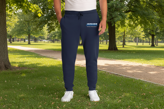Navy sweatpants with a logo on a white background